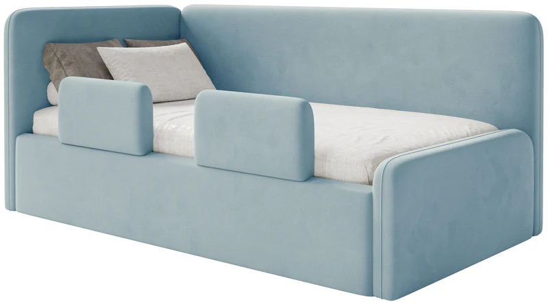 Jugendbett 120x200 cm Fanklo linksseitig mit Matratze, Stauraum und Geländern, hellblauer Velours, wasserabweisend und leicht zu reinigen