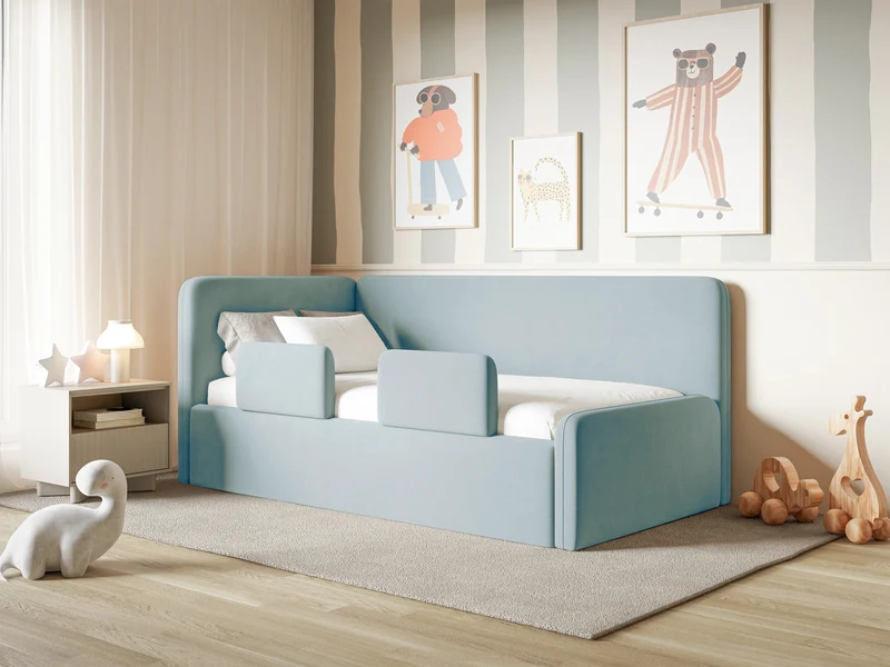 Jugendbett 120x200 cm Fanklo linksseitig mit Matratze, Stauraum und Geländern, hellblauer Velours, wasserabweisend und leicht zu reinigen