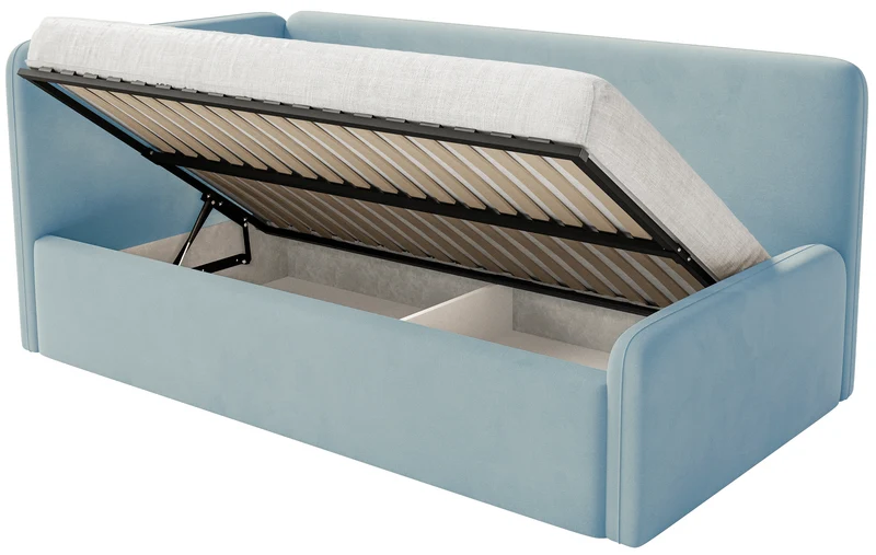 Jugendbett 120x200 cm Fanklo linksseitig mit Matratze, Stauraum und Geländern, hellblauer Velours, wasserabweisend und leicht zu reinigen