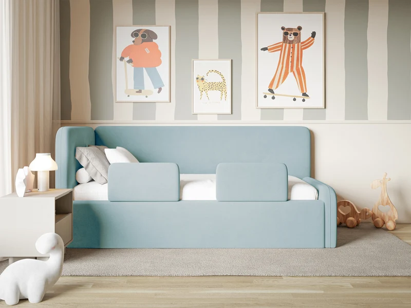 Jugendbett 120x200 cm Fanklo linksseitig mit Matratze, Stauraum und Geländern, hellblauer Velours, wasserabweisend und leicht zu reinigen