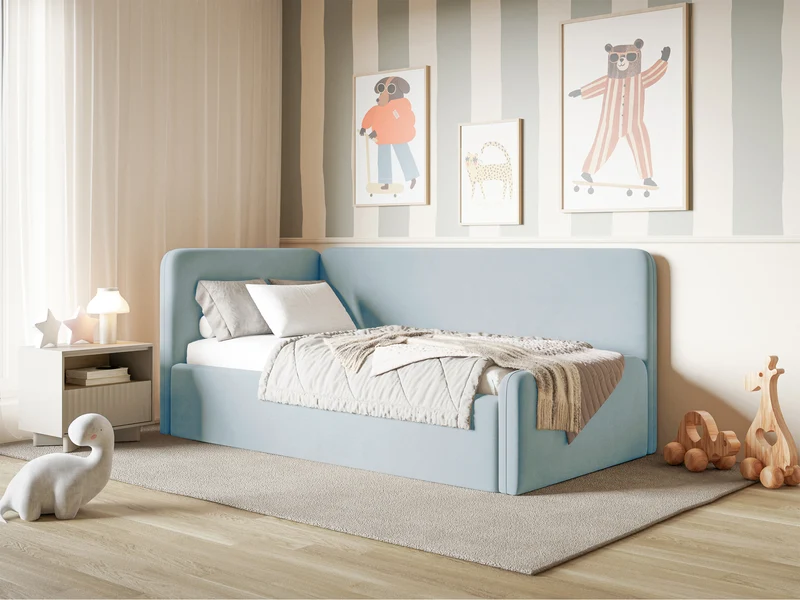 Jugendbett 120x200 cm Fanklo linksseitig mit Matratze, Stauraum und Geländern, hellblauer Velours, wasserabweisend und leicht zu reinigen