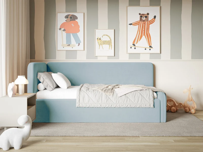 Jugendbett 120x200 cm Fanklo linksseitig mit Matratze, Stauraum und Geländern, hellblauer Velours, wasserabweisend und leicht zu reinigen