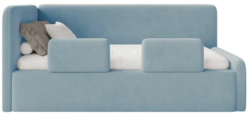 Jugendbett 120x200 cm Fanklo linksseitig mit Matratze, Stauraum und Geländern, hellblauer Velours, wasserabweisend und leicht zu reinigen