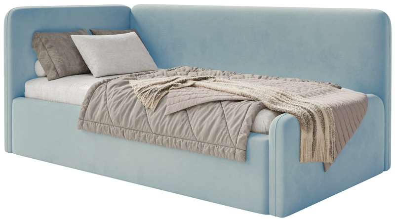 Jugendbett 120x200 cm Fanklo linksseitig mit Matratze, Stauraum und Geländern, hellblauer Velours, wasserabweisend und leicht zu reinigen