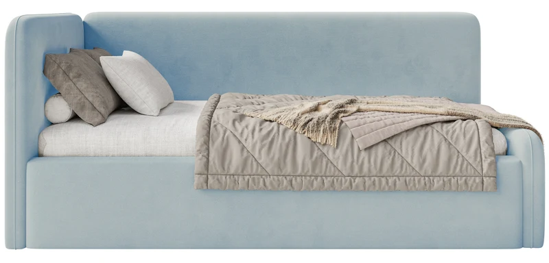 Jugendbett 120x200 cm Fanklo linksseitig mit Matratze, Stauraum und Geländern, hellblauer Velours, wasserabweisend und leicht zu reinigen