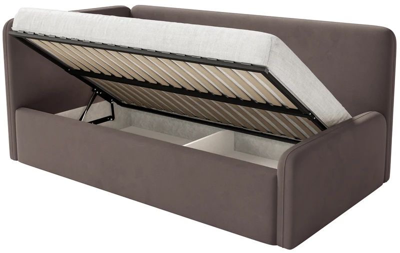 Jugendbett 120x200 cm Fanklo linksseitig mit Stauraum und Geländern, brauner Velours, wasserabweisend und pflegeleicht