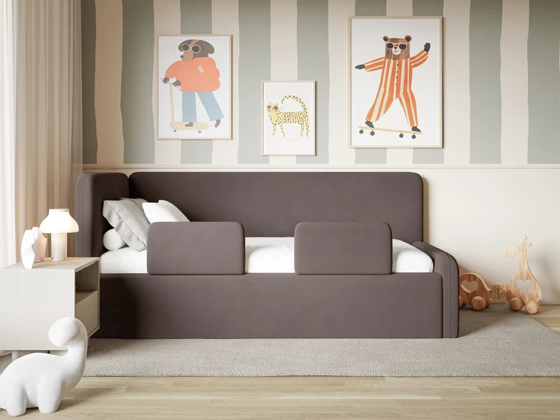 Jugendbett 120x200 cm Fanklo linksseitig mit Stauraum und Geländern, brauner Velours, wasserabweisend und pflegeleicht