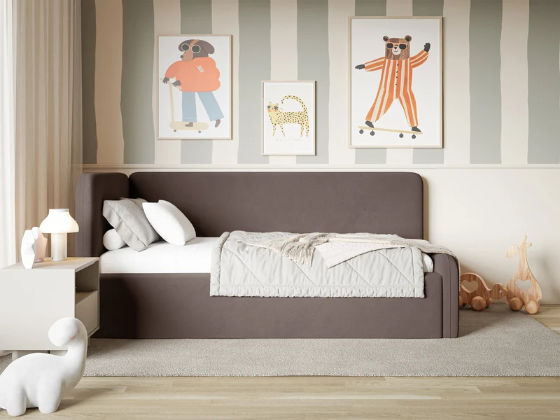 Jugendbett 120x200 cm Fanklo linksseitig mit Stauraum und Geländern, brauner Velours, wasserabweisend und pflegeleicht