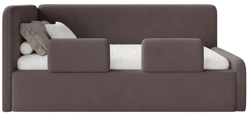 Jugendbett 120x200 cm Fanklo linksseitig mit Stauraum und Geländern, brauner Velours, wasserabweisend und pflegeleicht