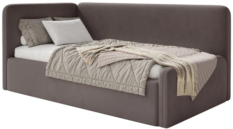 Jugendbett 120x200 cm Fanklo linksseitig mit Stauraum und Geländern, brauner Velours, wasserabweisend und pflegeleicht