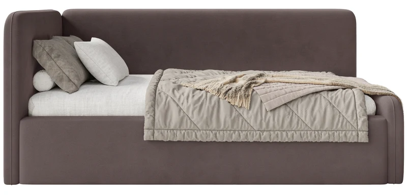 Jugendbett 120x200 cm Fanklo linksseitig mit Stauraum und Geländern, brauner Velours, wasserabweisend und pflegeleicht