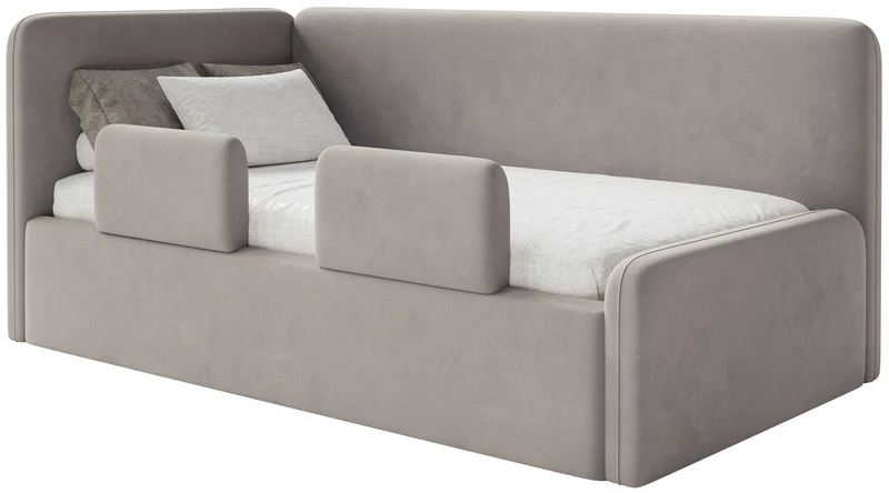 Jugendbett 120x200 cm Fanklo linksseitig mit Stauraum und Geländern, grau-beiger Velours, wasserabweisend und leicht zu reinigen