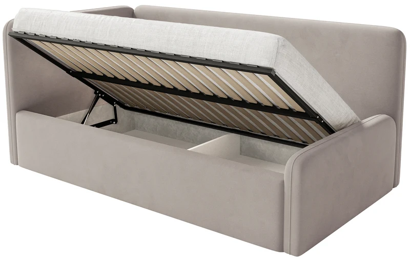 Jugendbett 120x200 cm Fanklo linksseitig mit Stauraum, grau-beiger Velours, wasserabweisend und pflegeleicht