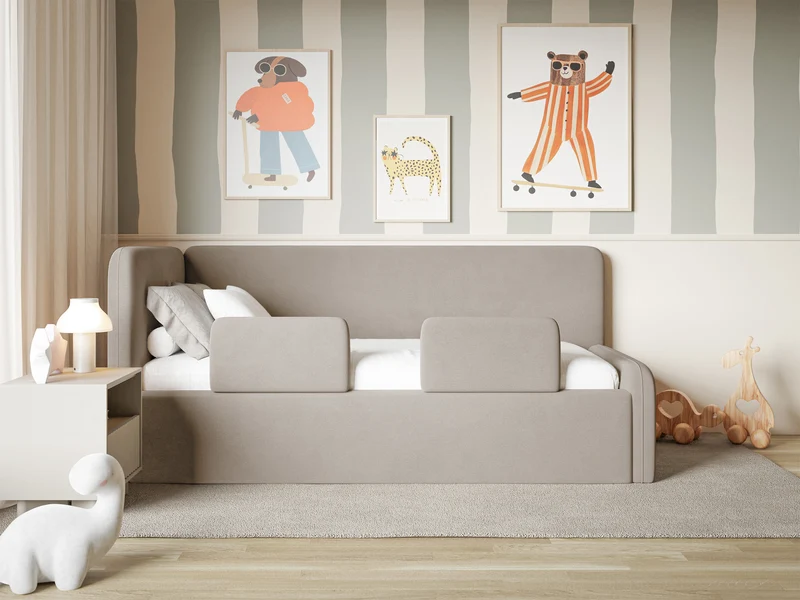 Jugendbett 120x200 cm Fanklo linksseitig mit Stauraum und Geländern, grau-beiger Velours, wasserabweisend und leicht zu reinigen