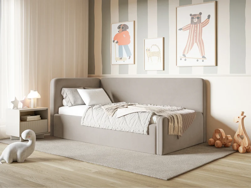 Jugendbett 120x200 cm Fanklo linksseitig mit Stauraum, grau-beiger Velours, wasserabweisend und pflegeleicht