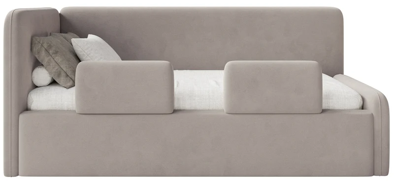 Jugendbett 120x200 cm Fanklo linksseitig mit Stauraum und Geländern, grau-beiger Velours, wasserabweisend und leicht zu reinigen