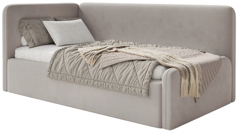 Jugendbett 120x200 cm Fanklo linksseitig mit Stauraum, grau-beiger Velours, wasserabweisend und pflegeleicht