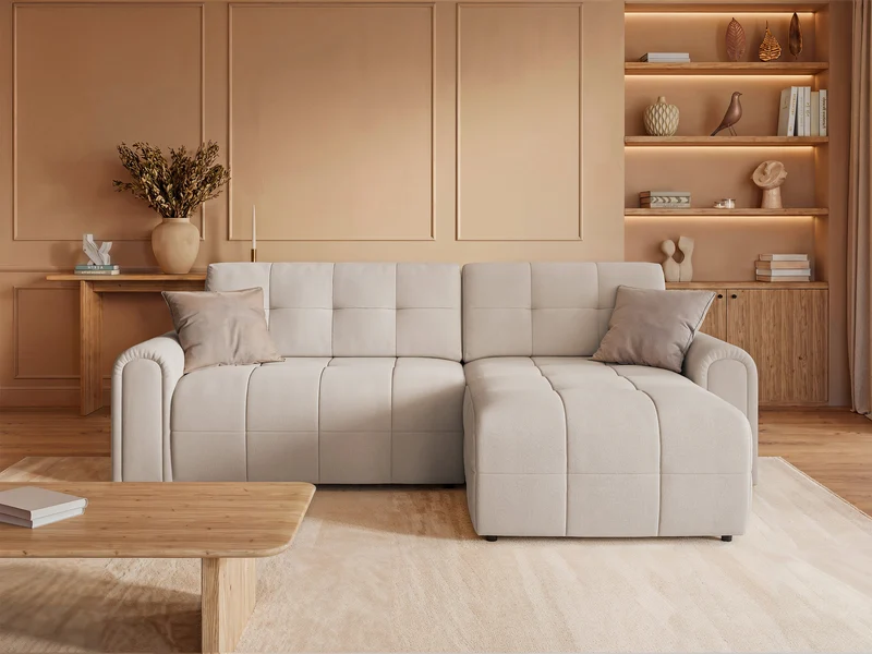 Ecksofa mit Schlaffunktion Simolla, L-förmig, rechtsseitig, mit Stauraum, cremefarbener Chenille-Bezug