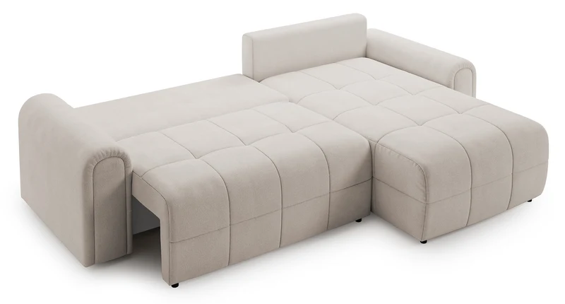 Ecksofa mit Schlaffunktion Simolla, L-förmig, rechtsseitig, mit Stauraum, cremefarbener Chenille-Bezug