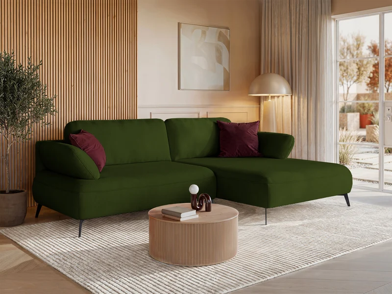 Ecksofa mit Schlaffunktion Avolla, L-förmig, rechtsseitig, mit Stauraum, olivgrüner hydrophober Chenille-Stoff