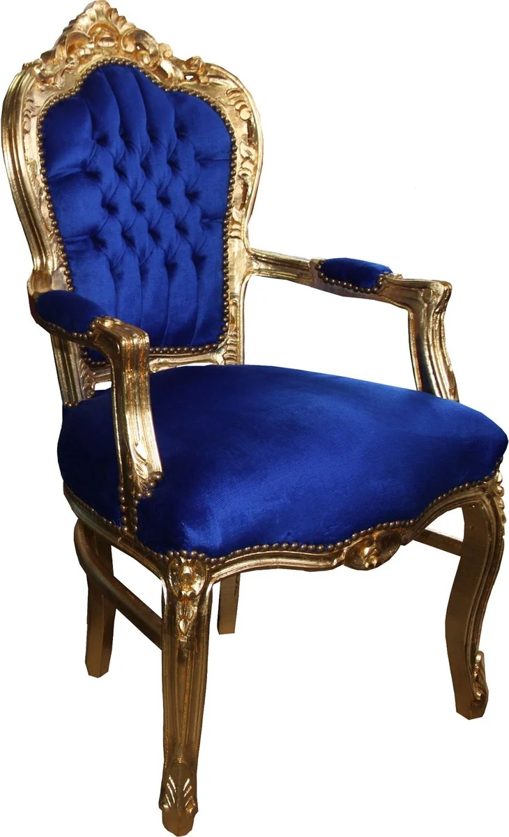 Casa Padrino Barock Esszimmerstuhl Blau / Gold mit Armlehnen - Stuhl - Barockstuhl - Möbel
