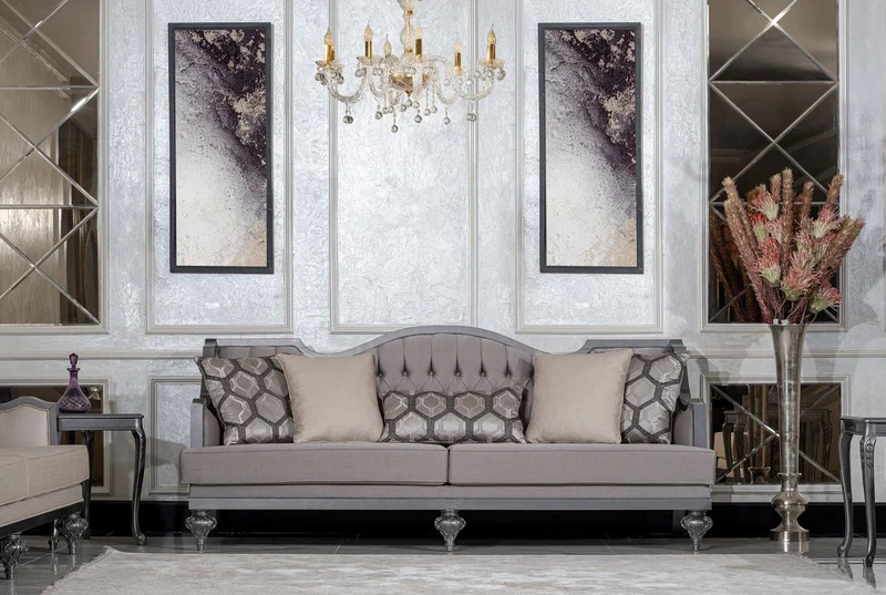 Casa Padrino Luxus Barock Wohnzimmer Sofa Grau / Grau - Handgefertigtes Barockstil Sofa mit dekorativen Kissen - Luxus Wohnzimmer Möbel im Barockstil - Barock Möbel