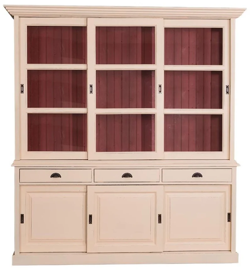 Casa Padrino Landhausstil Küchenschrank Antik Cremefarben / Rot 206 x 53 x H. 219 cm - 2 Teiliger Küchenschrank mit 6 Schiebetüren und 3 Schubladen