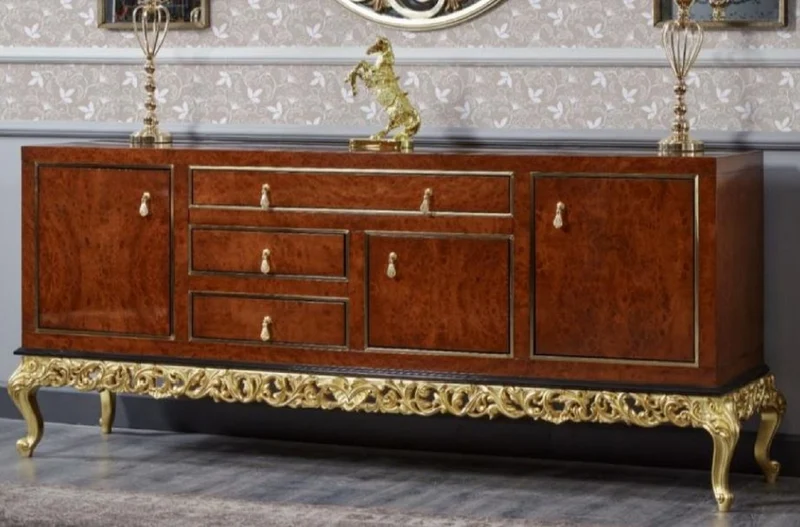 Casa Padrino Luxus Barock Sideboard Braun / Schwarz / Gold - Prunkvoller Massivholz Schrank mit 3 Türen und 3 Schubladen - Luxus Möbel im Barockstil - Barock Möbel - Edel & Prunkvoll