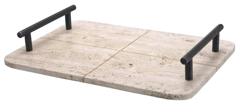 Casa Padrino Luxus Serviertablett Beige / Bronze 48 x 34 x H. 8 cm - Rechteckiges Travertin Naturstein Tablett mit Tragegriffen - Gastronomie & Restaurant Accessoires - Luxus Accessoires