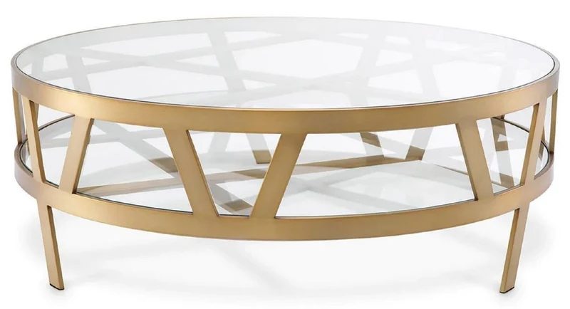 Casa Padrino Luxus Couchtisch Messing Ø 110 x H. 37 cm - Runder Edelstahl Wohnzimmertisch mit Glasplatten - Wohnzimmer Möbel - Hotel Möbel - Luxus Möbel - Luxus Qualität