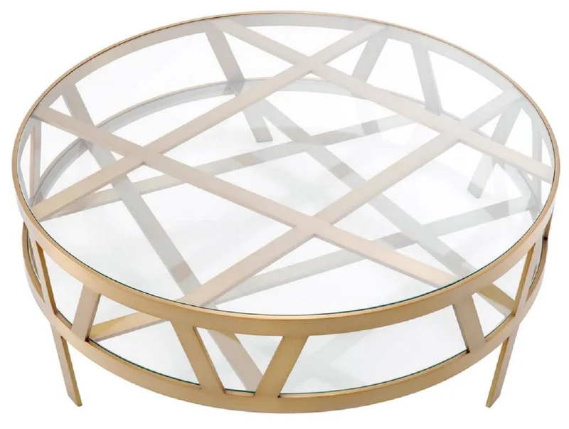 Casa Padrino Luxus Couchtisch Messing Ø 110 x H. 37 cm - Runder Edelstahl Wohnzimmertisch mit Glasplatten - Wohnzimmer Möbel - Hotel Möbel - Luxus Möbel - Luxus Qualität