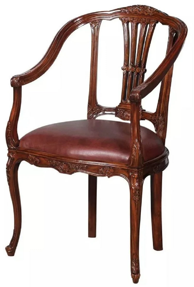 Casa Padrino Luxus Barock Leder Esszimmer Stuhl 8er Set mit Armlehnen Braun - Prunkvolle Barockstil Echtleder Küchen Stühle - Luxus Barock Esszimmer Möbel - Edel & Prunkvoll