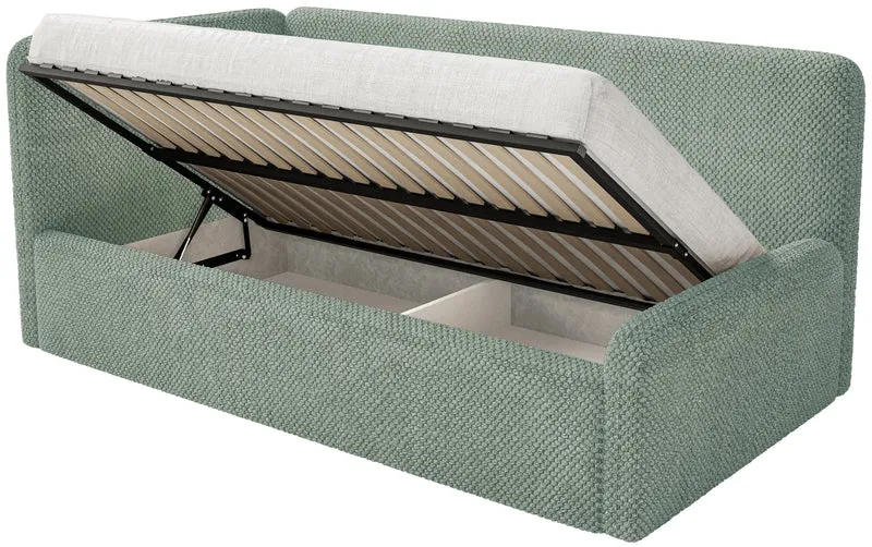 Jugendbett 120x200 cm Fanklo linksseitig mit Matratze und Stauraum Salbeigrüner Plüsch, wasserabweisend