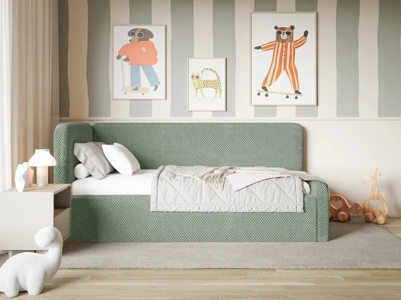 Jugendbett 120x200 cm Fanklo linksseitig mit Matratze und Stauraum Salbeigrüner Plüsch, wasserabweisend
