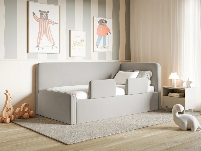 Jugendbett 120x200 cm Fanklo rechtsseitig mit Stauraum und hellgrauen, wasserabweisenden, pflegeleichten Samtgeländern