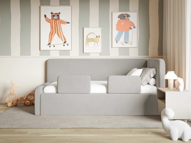 Jugendbett 120x200 cm Fanklo rechtsseitig mit Stauraum und hellgrauen, wasserabweisenden, pflegeleichten Samtgeländern