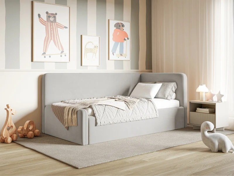 Jugendbett 120x200 cm Fanklo rechtsseitig mit Stauraum und hellgrauen, wasserabweisenden, pflegeleichten Samtgeländern