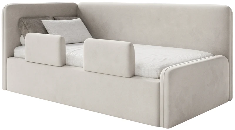 Jugendbett 120x200 cm Fanklo linksseitig mit Stauraum und Geländern, hellbeiger Velours, wasserabweisend und leicht zu reinigen