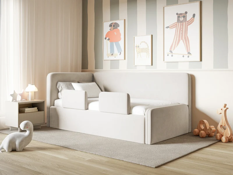 Jugendbett 120x200 cm Fanklo linksseitig mit Stauraum und Geländern, hellbeiger Velours, wasserabweisend und leicht zu reinigen