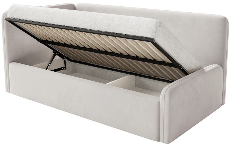 Jugendbett 120x200 cm Fanklo linksseitig mit Stauraum und Geländern, hellbeiger Velours, wasserabweisend und leicht zu reinigen