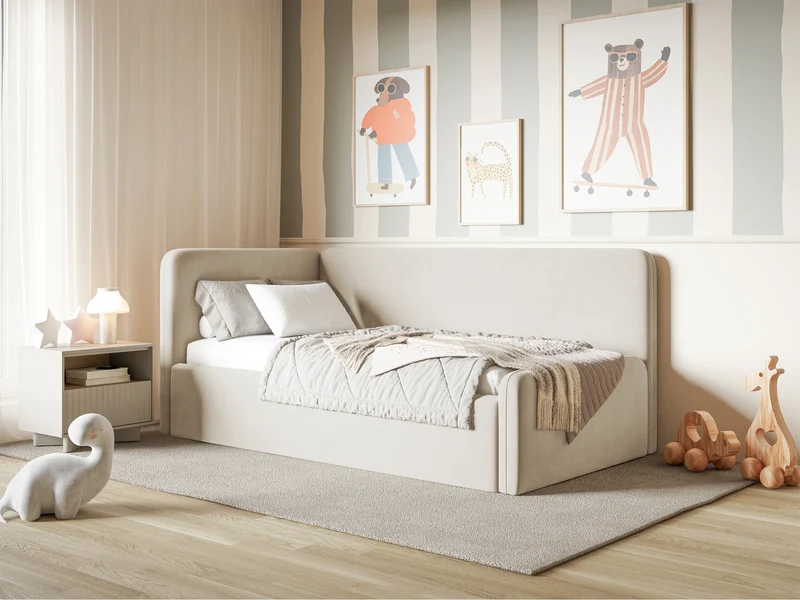 Jugendbett 120x200 cm Fanklo linksseitig mit Stauraum und Geländern, hellbeiger Velours, wasserabweisend und leicht zu reinigen