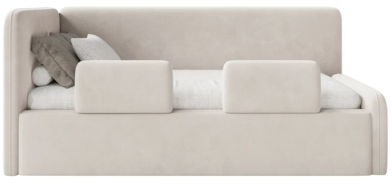 Jugendbett 120x200 cm Fanklo linksseitig mit Stauraum und Geländern, hellbeiger Velours, wasserabweisend und leicht zu reinigen