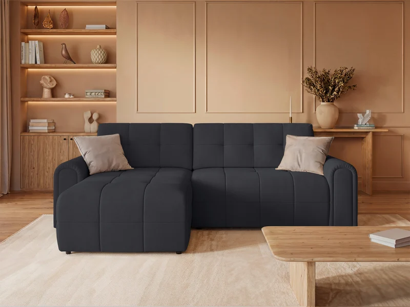 Ecksofa mit Schlaffunktion Simolla, L-förmig, linksseitig, mit Stauraum, dunkelgrauer Chenille-Stoff