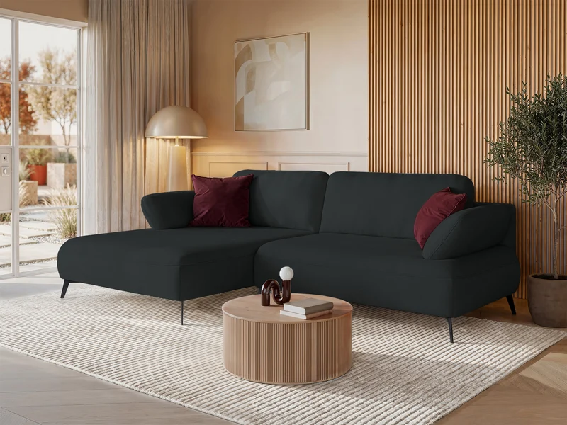 Ecksofa mit Schlaffunktion Avolla, L-förmig, linke Seite, mit Stauraum, graphitfarbener hydrophober Chenille-Stoff