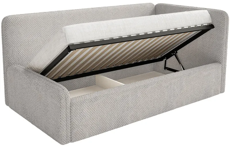 Jugendbett 90x200 cm Fanklo rechtsseitig mit Stauraum, grau-beiger hydrophober Plüsch