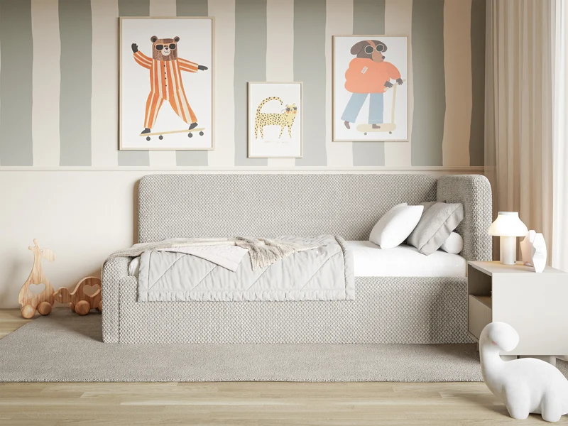 Jugendbett 90x200 cm Fanklo rechtsseitig mit Stauraum, grau-beiger hydrophober Plüsch