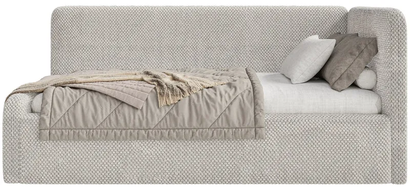 Jugendbett 90x200 cm Fanklo rechtsseitig mit Stauraum, grau-beiger hydrophober Plüsch