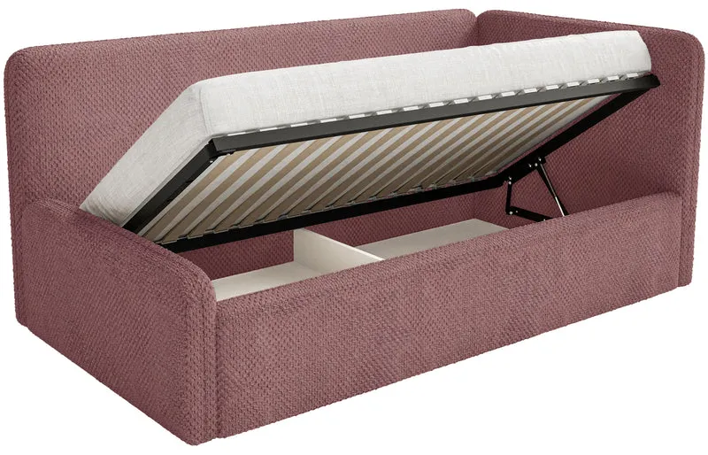 Jugendbett 90x200 cm Fanklo rechtsseitig mit Stauraum, rosa Plüsch, wasserabweisend