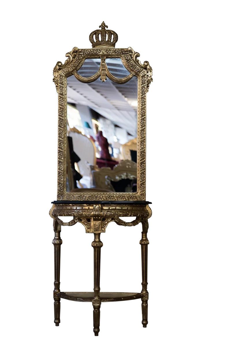 Casa Padrino Barock Spiegelkonsole Pompöös von Harald Glööckler Gold / Schwarzer Marmor 73 x 40 x 220 cm