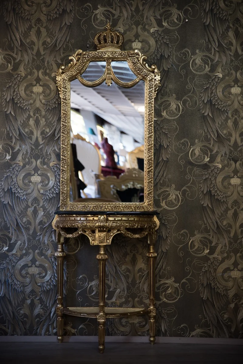 Casa Padrino Barock Spiegelkonsole Pompöös von Harald Glööckler Gold / Schwarzer Marmor 73 x 40 x 220 cm